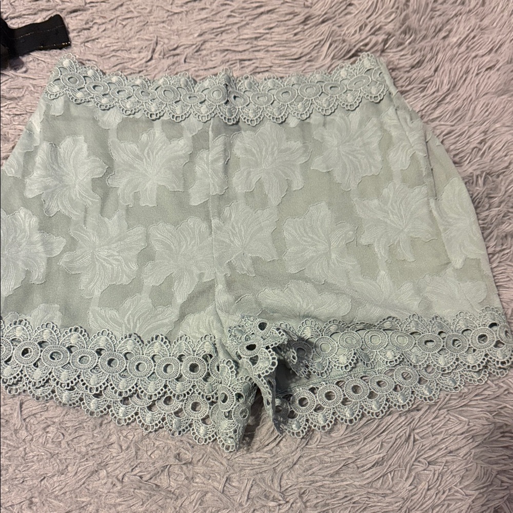 Francesca's Collections High Waist Lace Trim Shorts - Light Gray